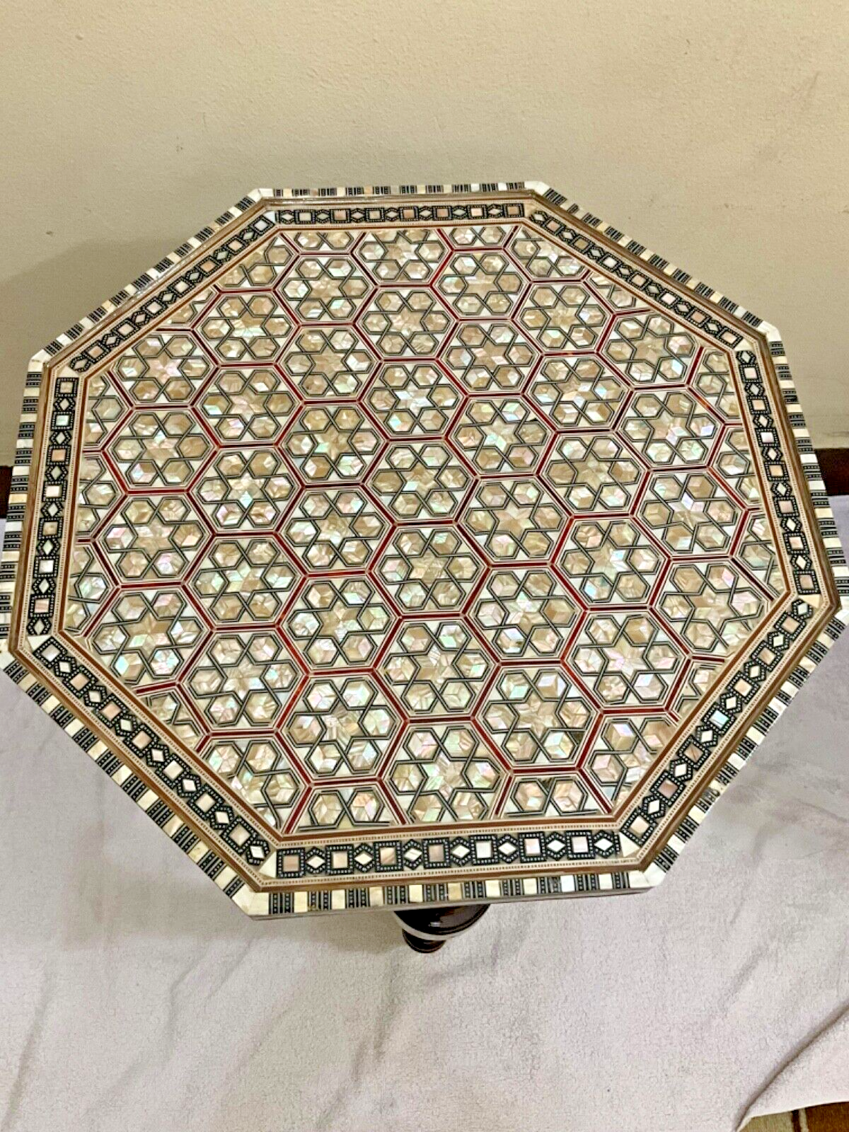 Handmade Wooden End Table Carving Wood Table Home Decor Mother of Pearl Inlay