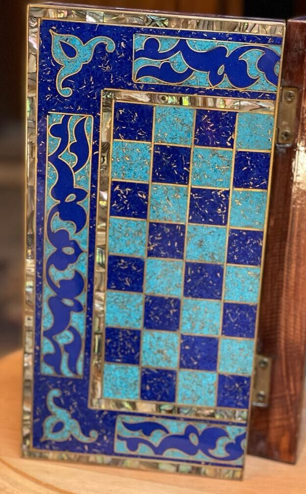 Handmade, Wooden Backgammon Board, Wood Chess Board, Mother of Pearl Inlay (12") - Laila Hand Made Gifts
