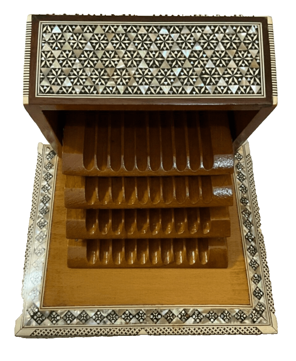 Handmade Antique Wood Cigarette Box Carved Mother Of Pearl Inlay (40 Cigarettes) - Laila Hand Made Gifts