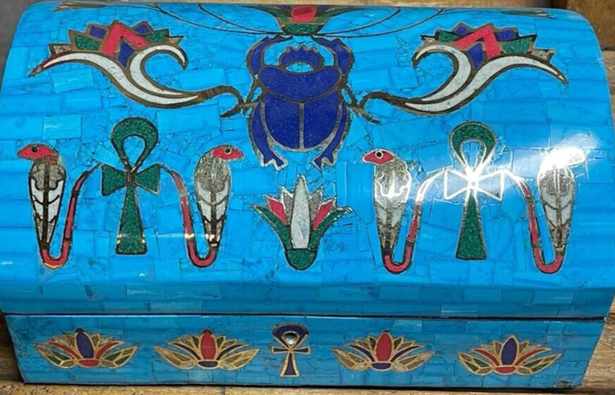 Handmade Antique Wood Jewelry Box, Gift Box, Wood Box, Inlaid Gemstones & Copper