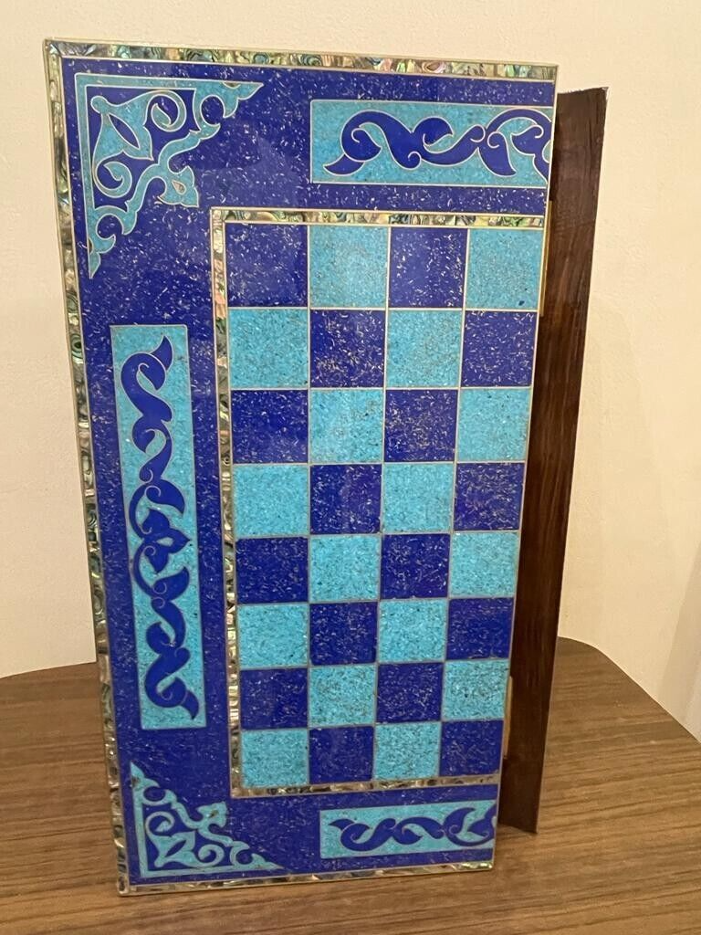 Handmade, Wooden Backgammon Board, Chess Board, Mother of Pearl, Gemstone Inlay