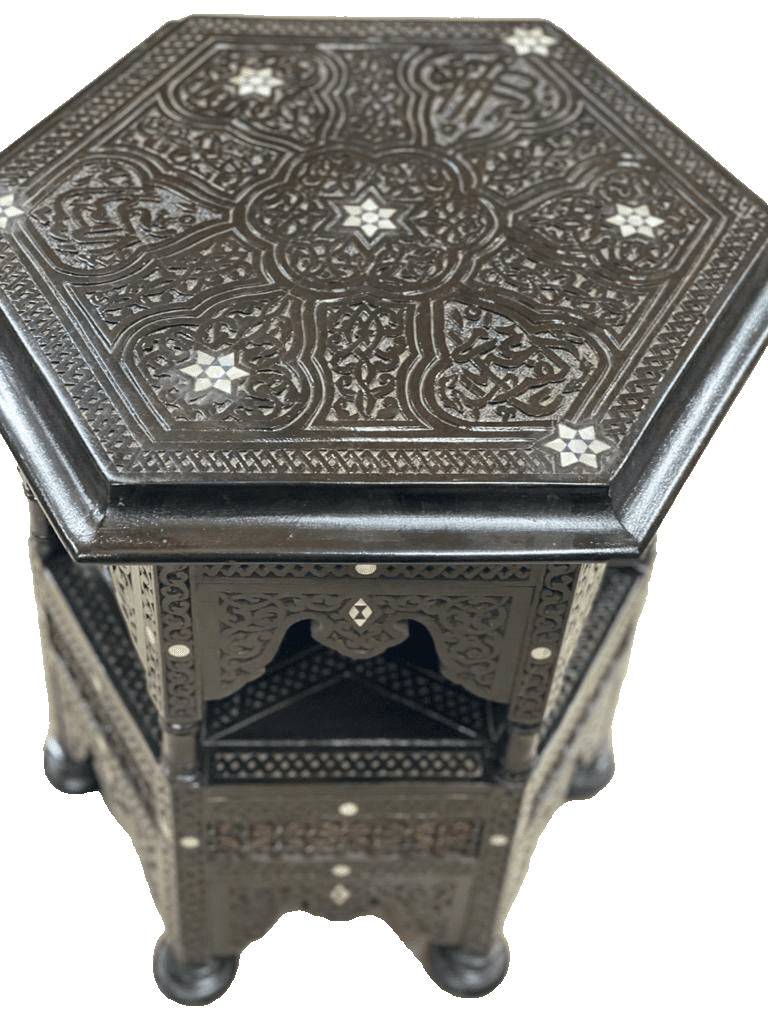 Handmade Wooden End Table Carving Wood Table Home Decor Mother of Pearl Inlay - Laila Hand Made Gifts