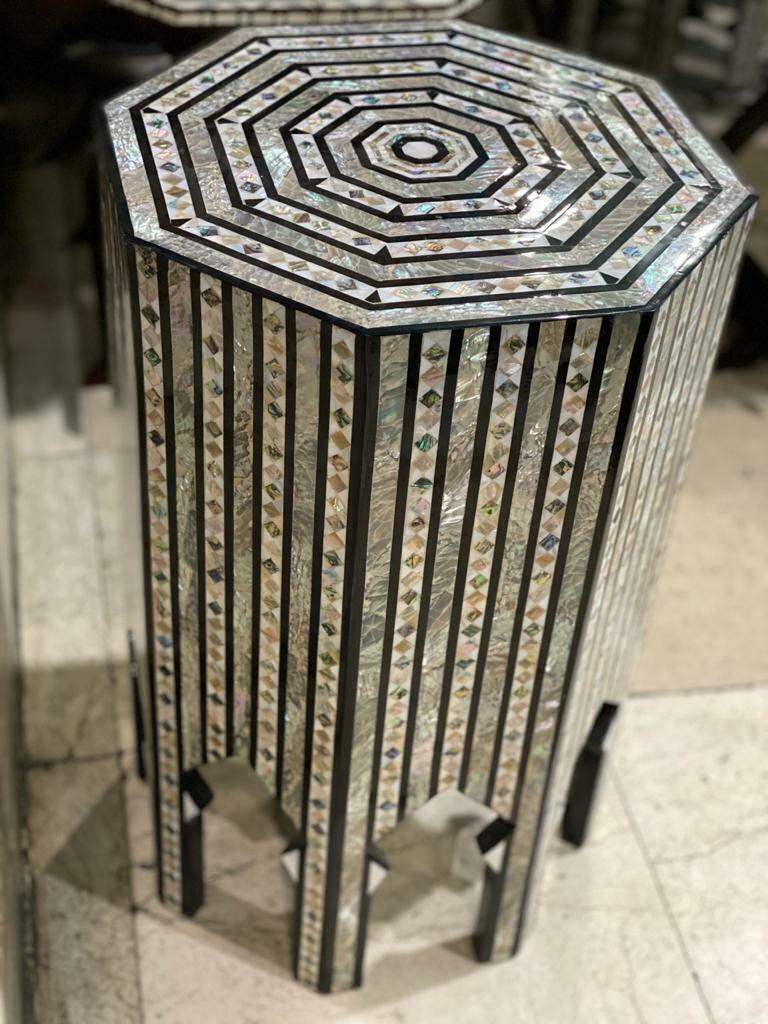 Handmade Wooden End Table Carving Wood Table Home Decor Mother of Pearl Inlay