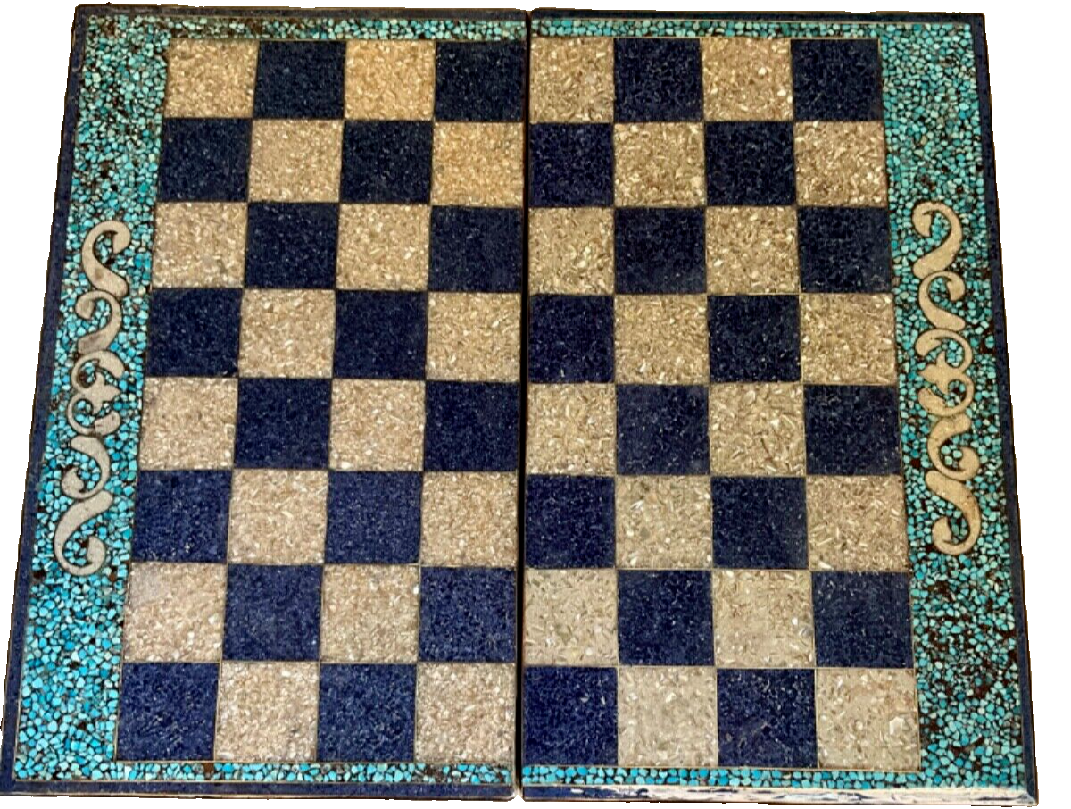 Handmade, Wood Backgammon Board, Wood Chess Board, Inlaid Pearl & Gemstones 20"