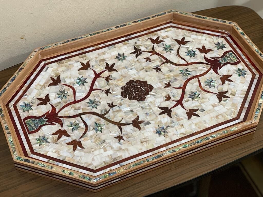 Handmade, Wood Tray, Antique Serving Tray, Inlaid Serving Tray, Mother of Pearl - Laila Hand Made Gifts
