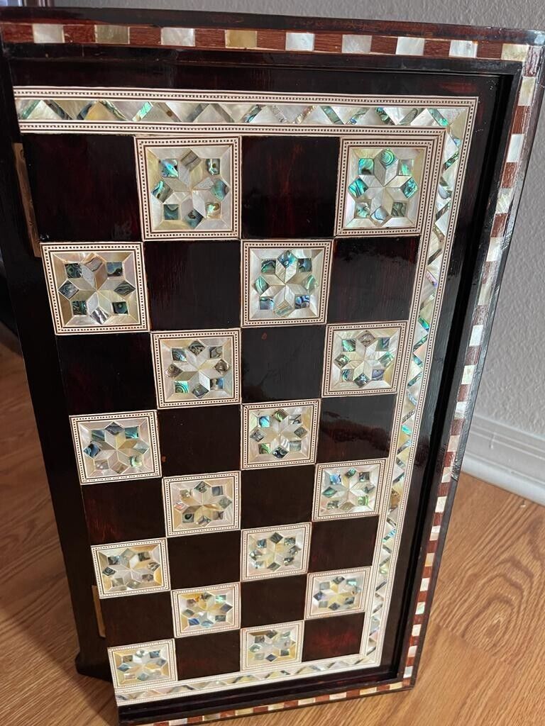 Handmade, Wooden Backgammon Board, Wood Chess Board, Mother of Pearl Inlay (21") - Laila Hand Made Gifts