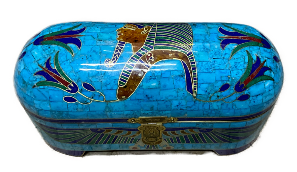 Handmade Antique Wood Jewelry Box, Gift Box, Wood Box, Inlaid Gemstones & Copper