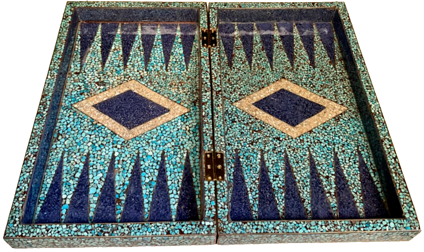 Handmade, Wood Backgammon Board, Wood Chess Board, Inlaid Pearl & Gemstones 20"
