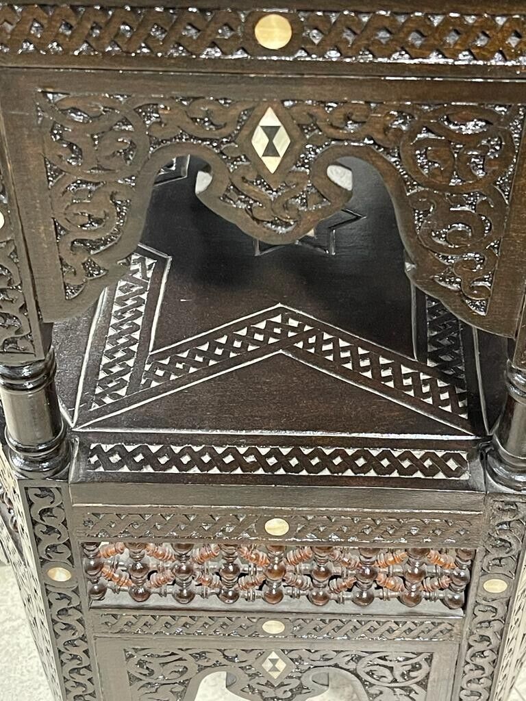 Handmade Wooden End Table Carving Wood Table Home Decor Mother of Pearl Inlay