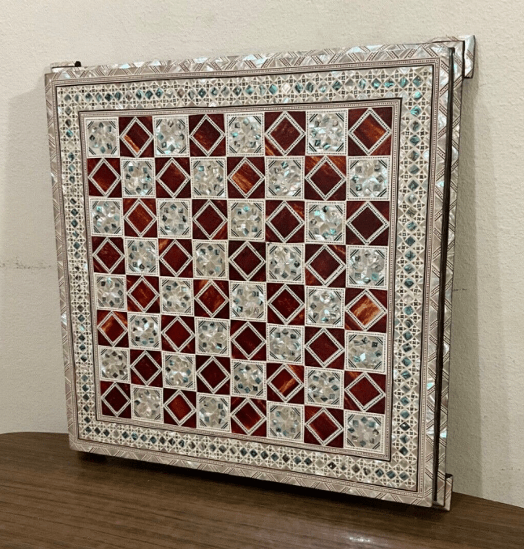 Handmade, Wood Chess Board, Game Board, Unique Board, Inlaid Mother of Pearl 17" - Laila Hand Made Gifts