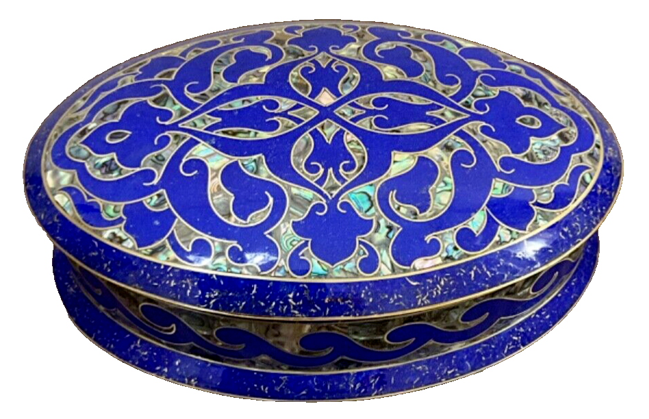 Handmade Lapis & Mother of Pearl Jewelry Box - Oval Trinket Box from Egypt - Laila Hand Made Gifts