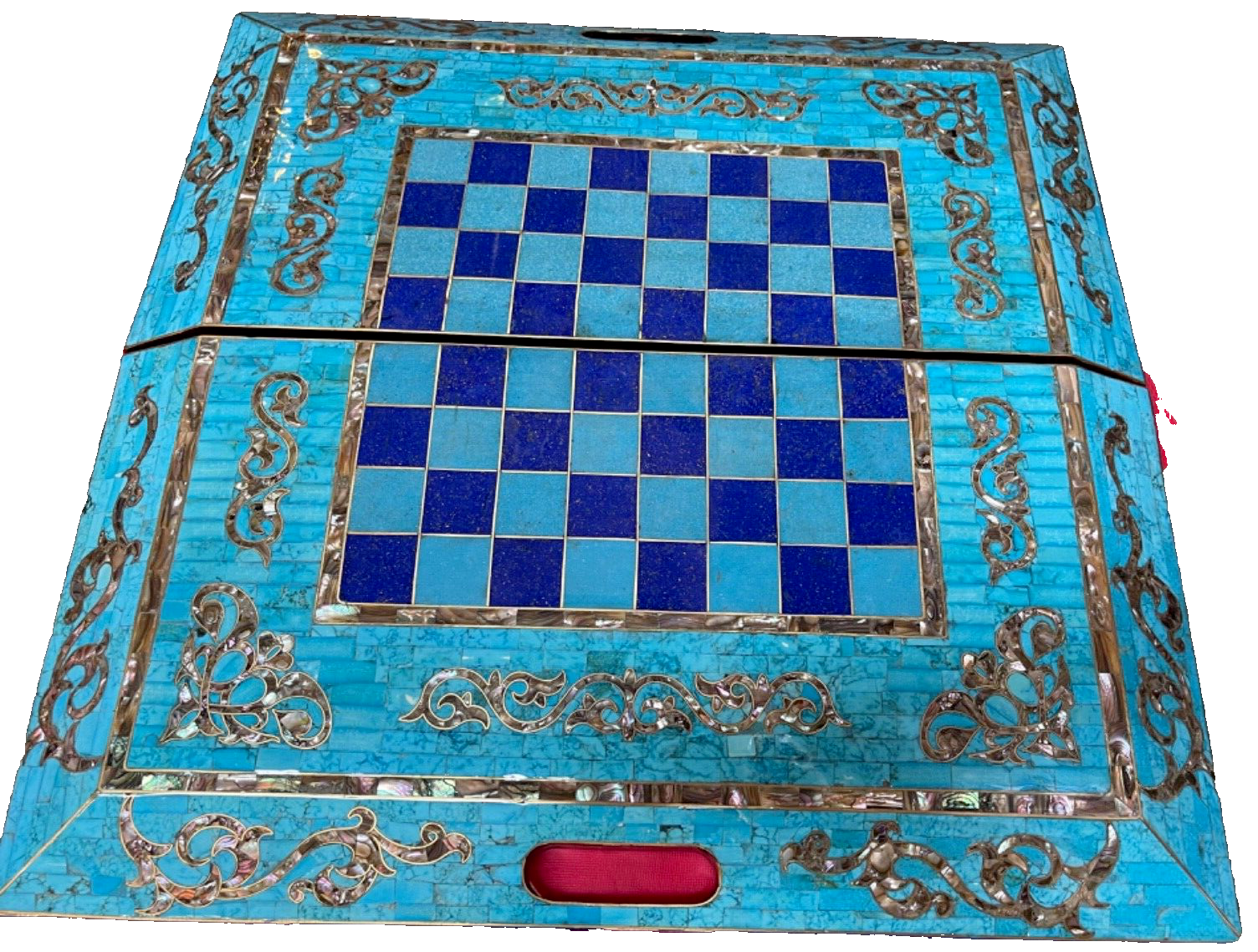 Handmade, Wooden Backgammon Board, Chess Board, Gemstones & Shell Inlay (25.6")