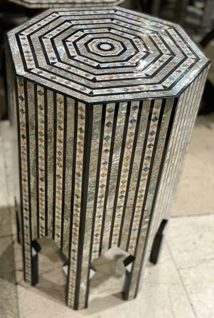 Handmade Wooden End Table Carving Wood Table Home Decor Mother of Pearl Inlay