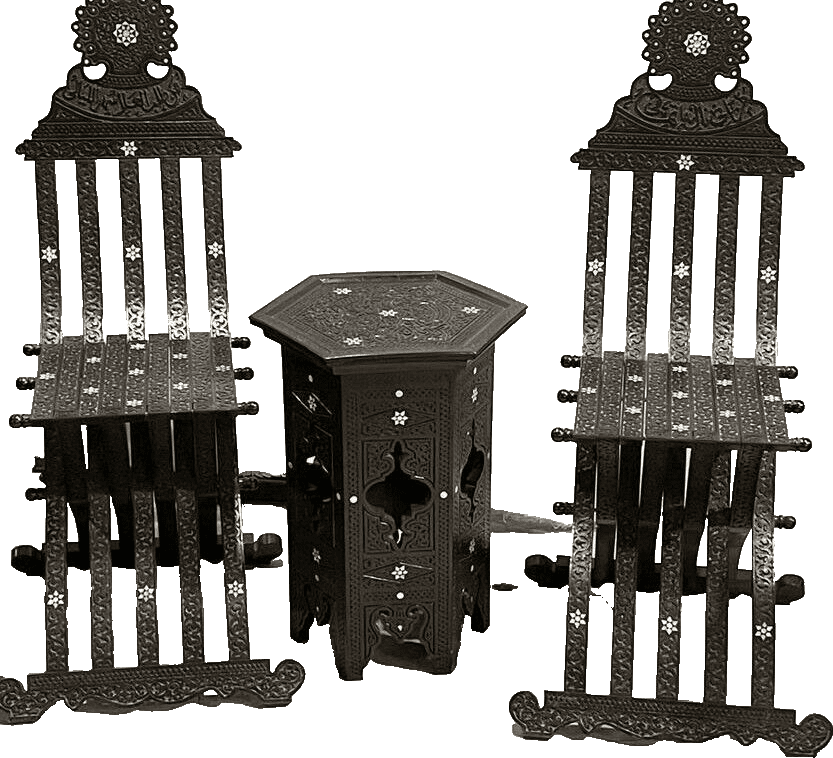 Handmade, Antique Unique Corner Set, Carved Wood, 2 Chairs, Table, Inlaid Shell - Laila Hand Made Gifts