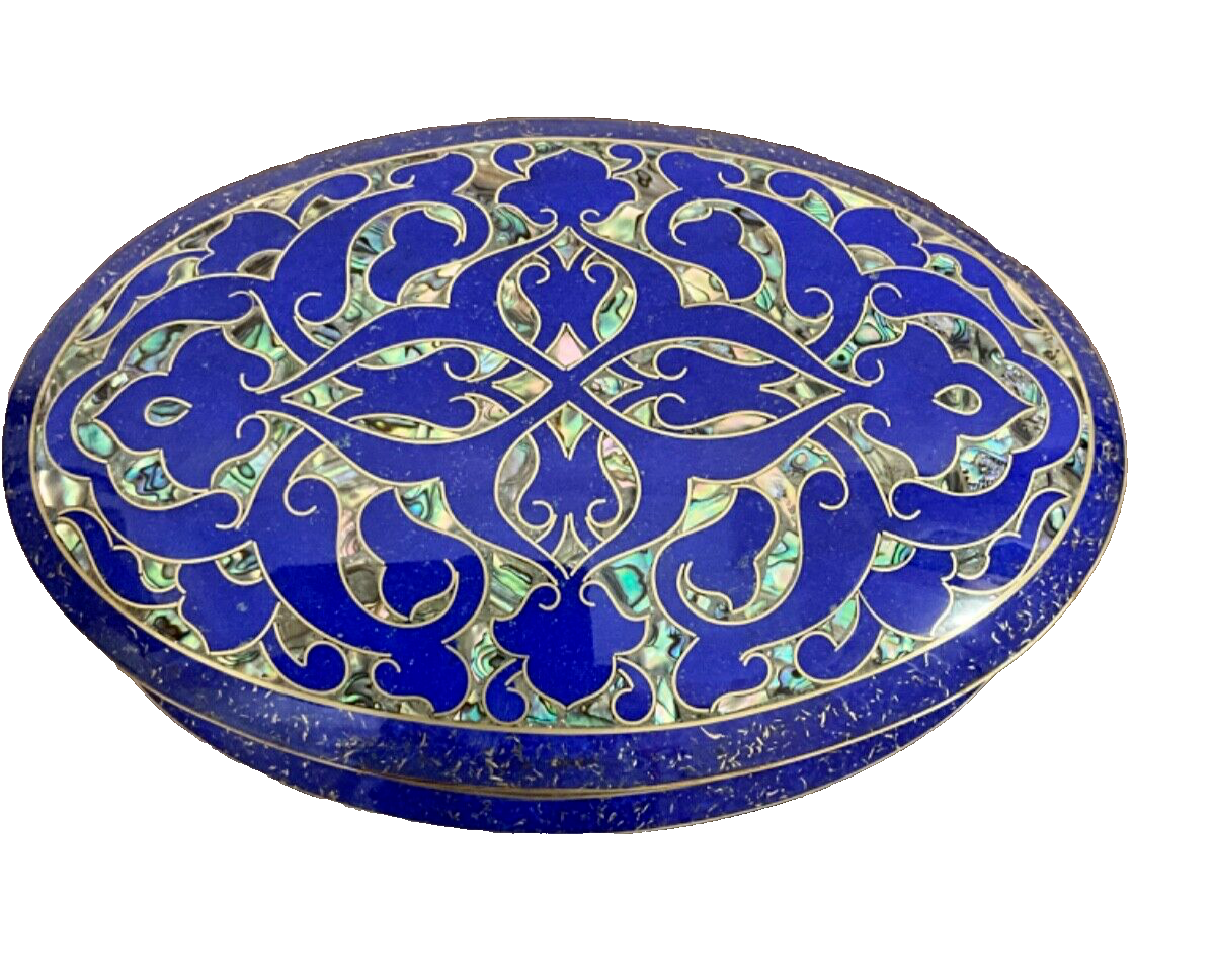 Handmade Lapis & Mother of Pearl Jewelry Box - Oval Trinket Box from Egypt - Laila Hand Made Gifts