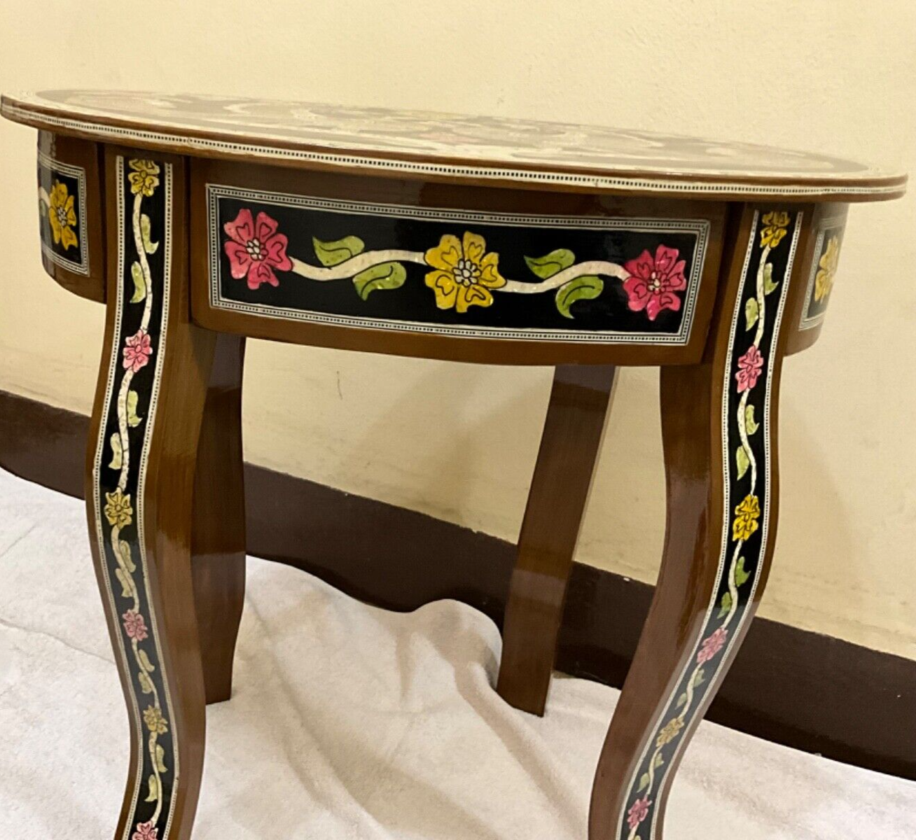 Handmade Wooden End Table Carving Wood Table Home Decor Mother of Pearl Inlay
