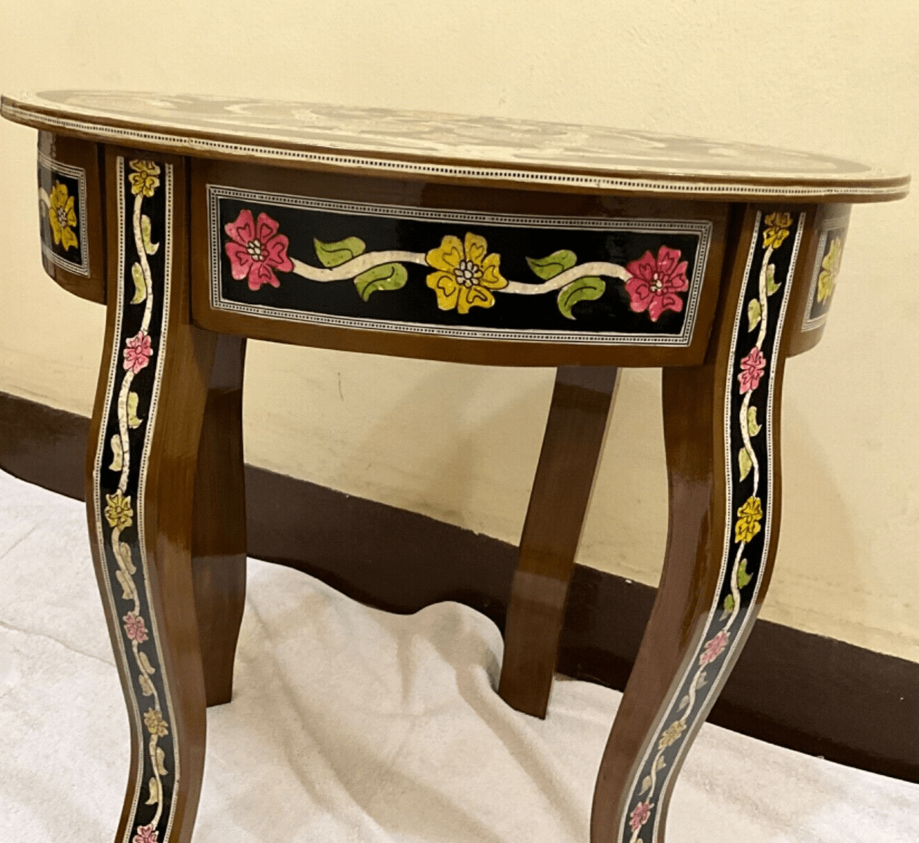 Handmade Wooden End Table Carving Wood Table Home Decor Mother of Pearl Inlay - Laila Hand Made Gifts