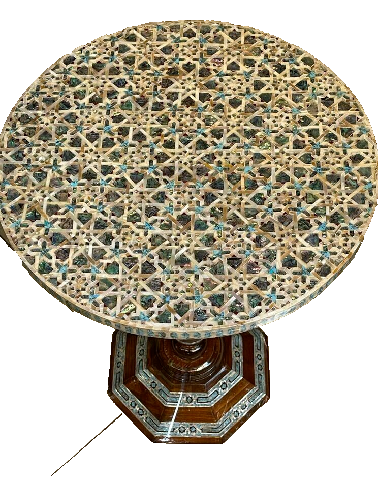 Handmade Wooden End Table Carving Wood Table Home Decor Mother of Pearl Inlay