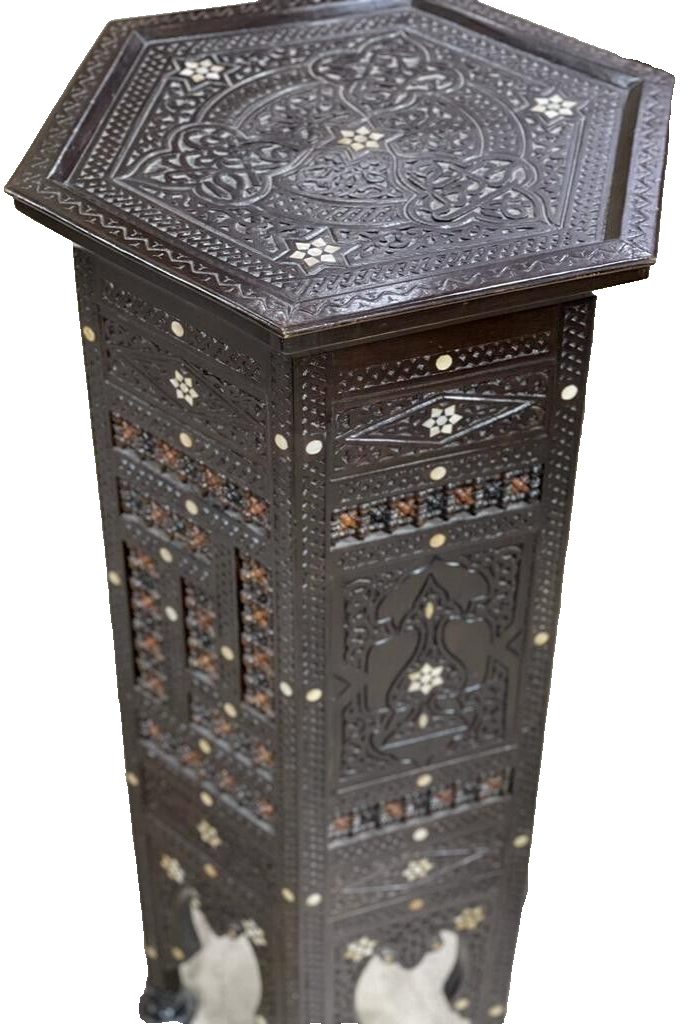 Handmade Wooden End Table Carving Wood Table Home Decor Mother of Pearl Inlay