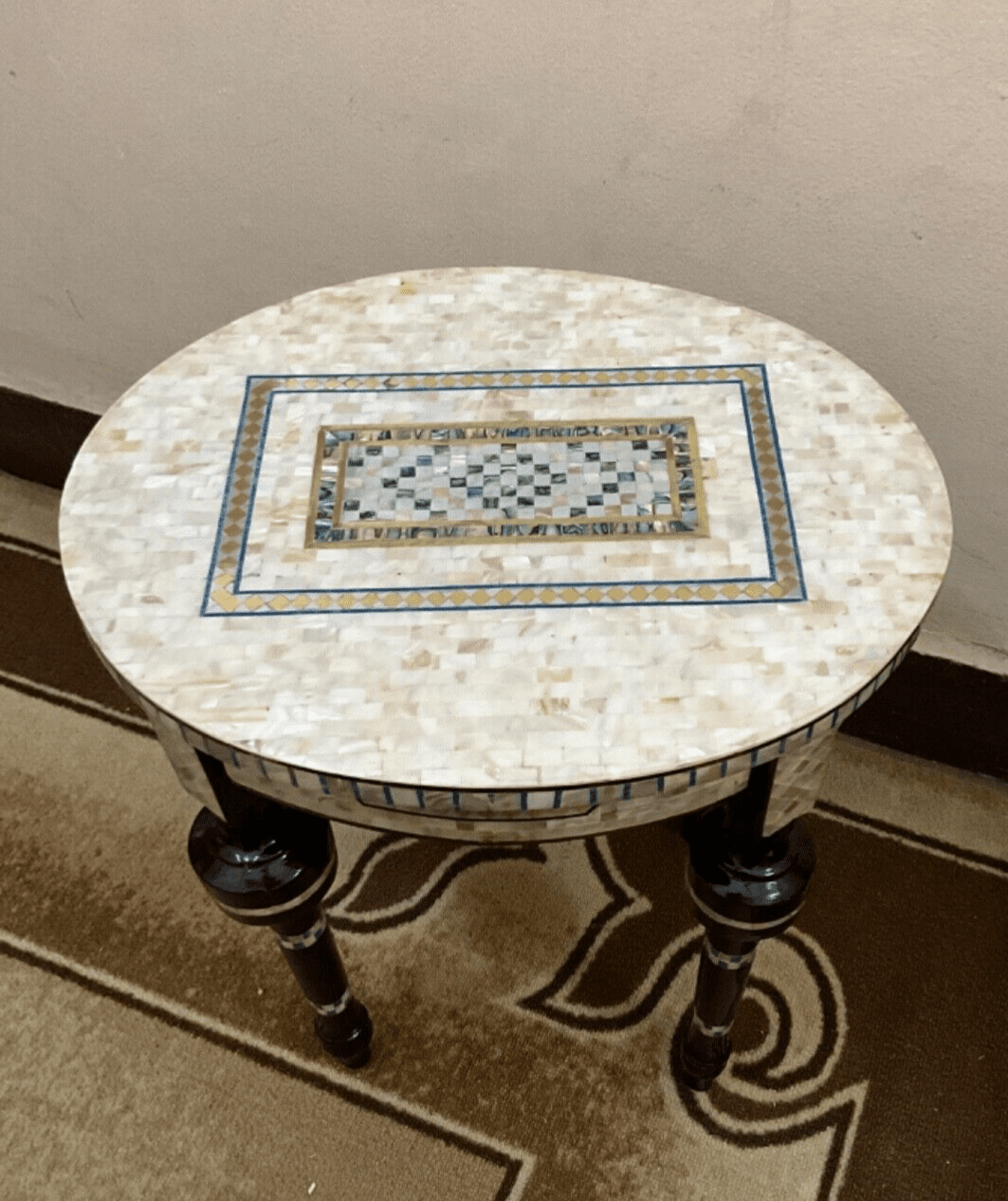 Handmade Wooden End Table Carving Wood Table Home Decor Mother of Pearl Inlay - Laila Hand Made Gifts