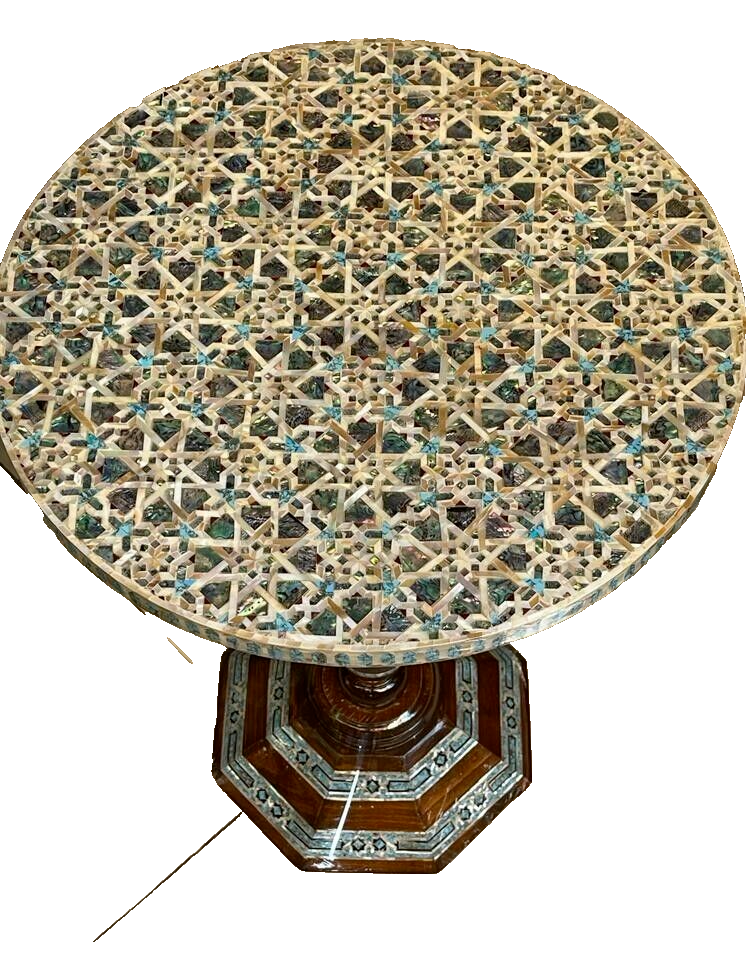 Handmade Wooden End Table Carving Wood Table Home Decor Mother of Pearl Inlay