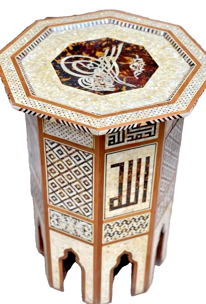 Handmade Wooden End Table Carving Wood Table Home Decor Mother of Pearl Inlay