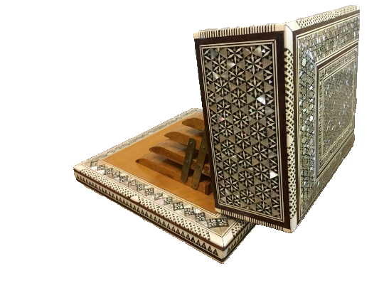 Handmade Antique Wood Cigarette Box Carved Mother Of Pearl Inlay (40 Cigarettes)