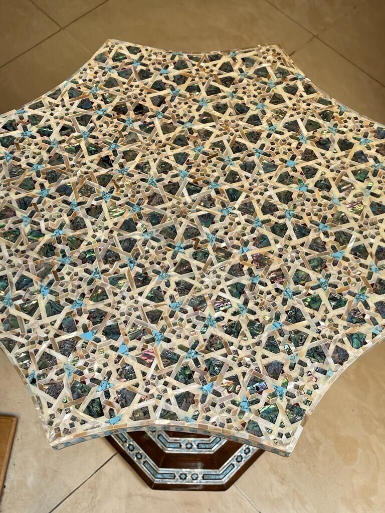 Handmade Wooden End Table Carving Wood Table Home Decor Mother of Pearl Inlay