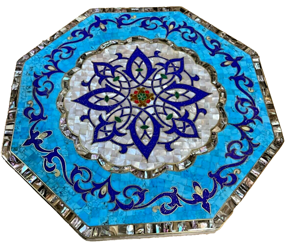 Handmade Wooden End Table Carving Wood Table Home Decor Mother of Pearl Inlay - Laila Hand Made Gifts