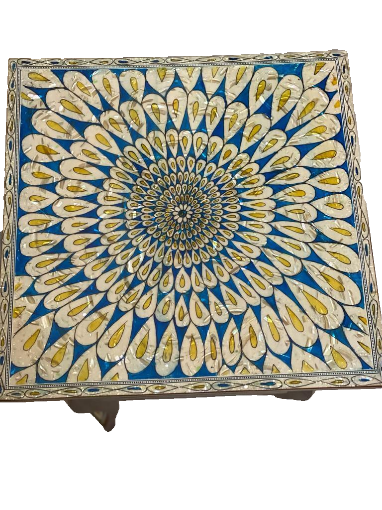 Handmade Wooden End Table Carving Wood Table Home Decor Mother of Pearl Inlay