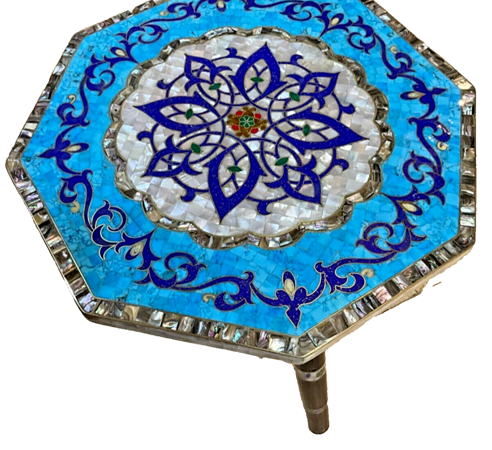 Handmade Wooden End Table Carving Wood Table Home Decor Mother of Pearl Inlay - Laila Hand Made Gifts