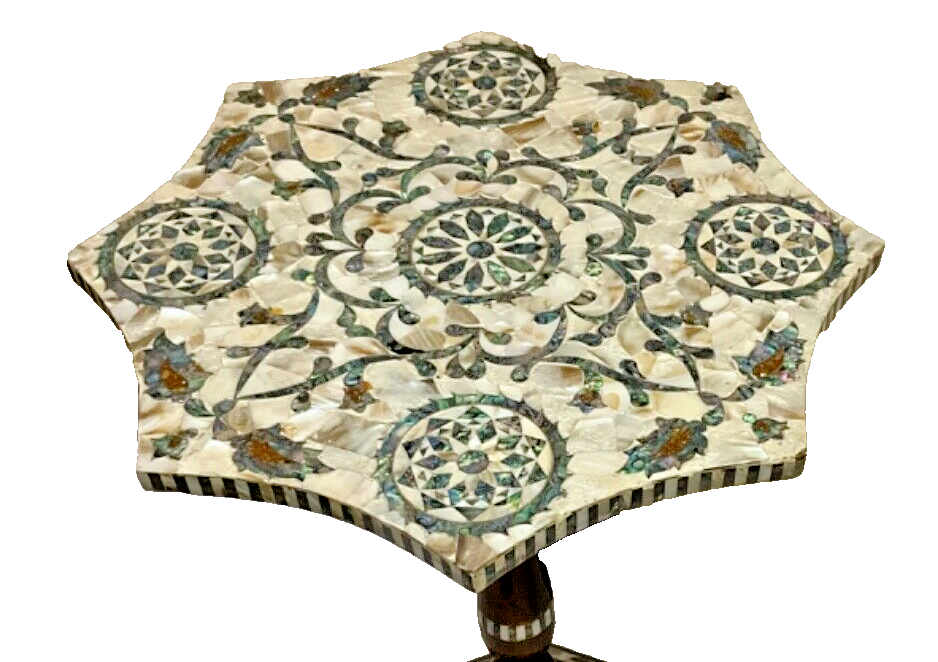 Handmade Wooden End Table Carving Wood Table Home Decor Mother of Pearl Inlay