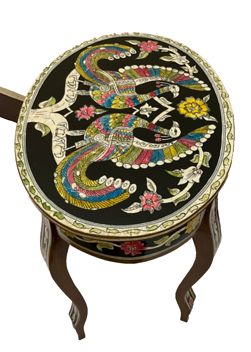 Handmade Wooden End Table Carving Wood Table Home Decor Mother of Pearl Inlay