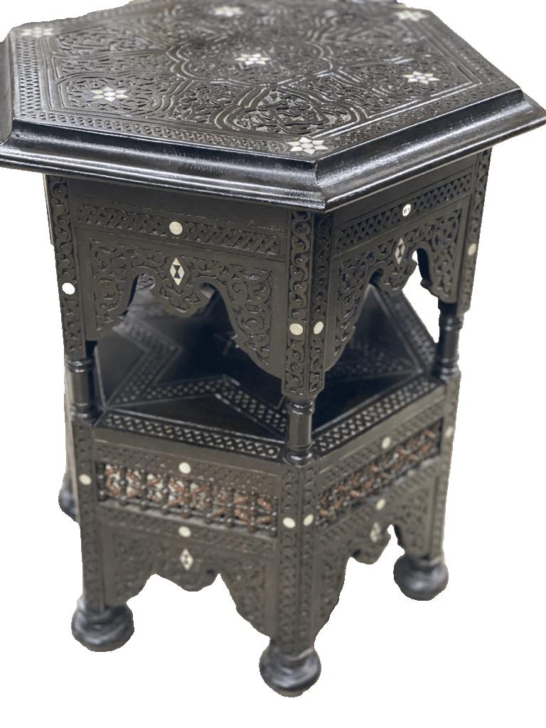 Handmade Wooden End Table Carving Wood Table Home Decor Mother of Pearl Inlay - Laila Hand Made Gifts