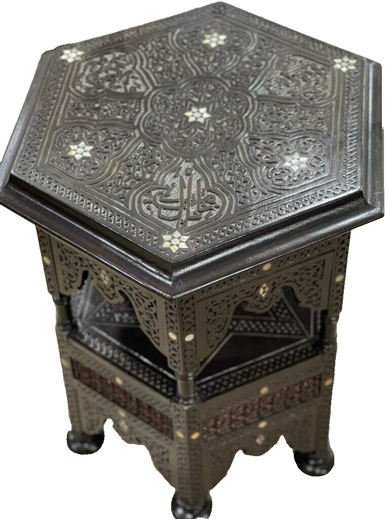 Handmade Wooden End Table Carving Wood Table Home Decor Mother of Pearl Inlay
