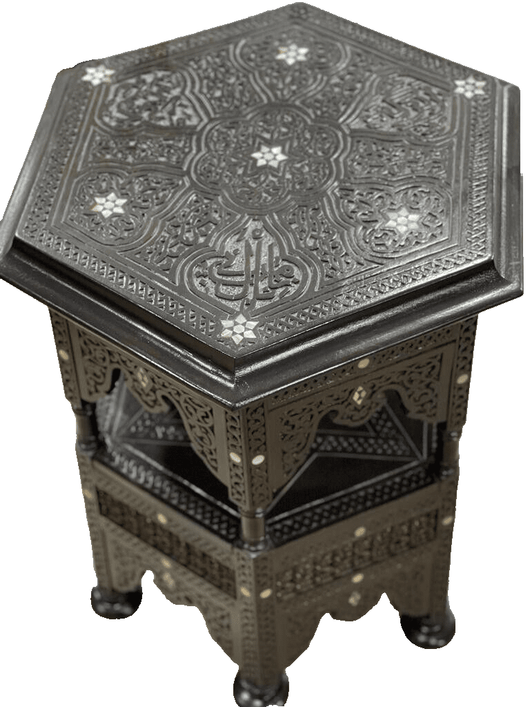 Handmade Wooden End Table Carving Wood Table Home Decor Mother of Pearl Inlay - Laila Hand Made Gifts