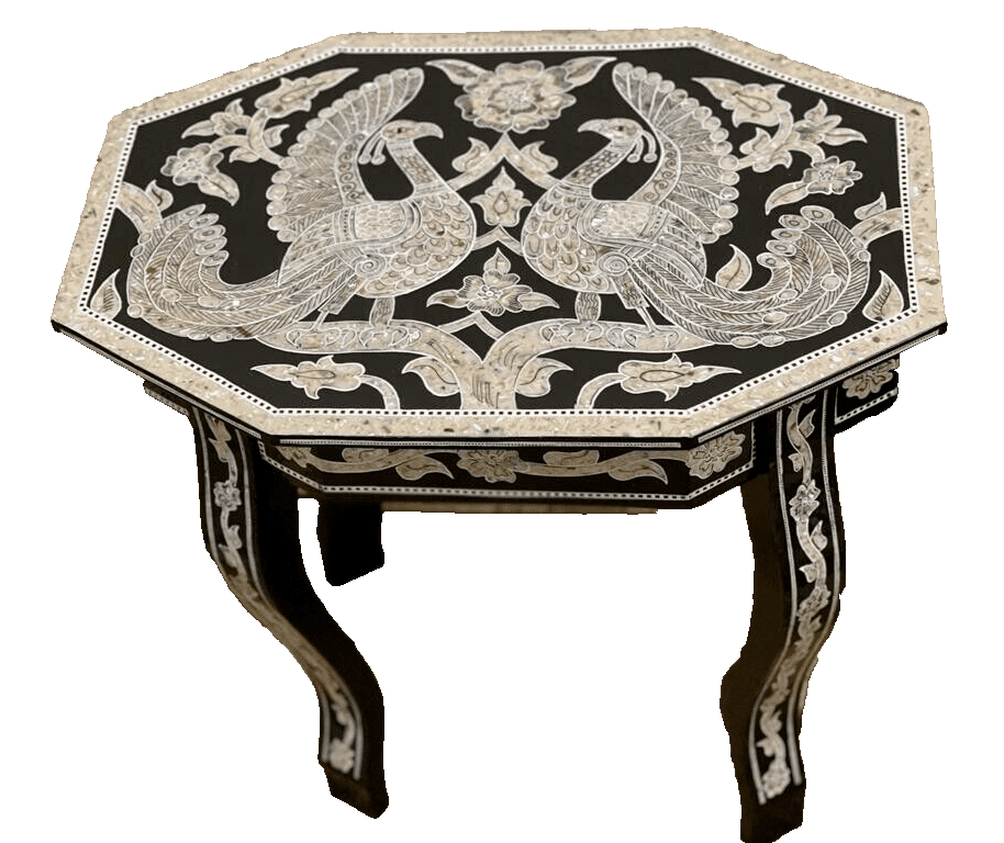Handmade Wooden End Table Carving Wood Table Home Decor Mother of Pearl Inlay - Laila Hand Made Gifts