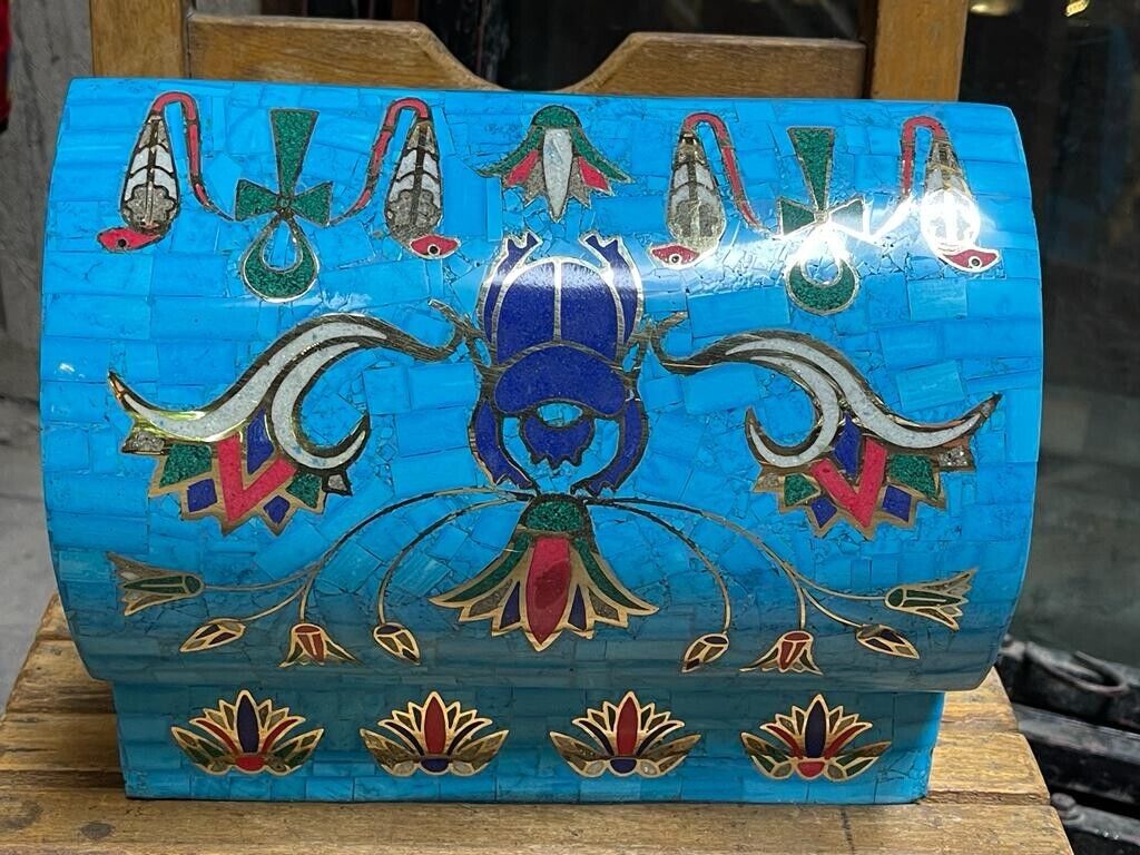 Handmade Antique Wood Jewelry Box, Gift Box, Wood Box, Inlaid Gemstones & Copper