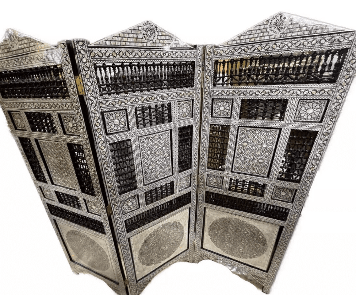 3 Panel Folding Wooden Room Divider Partition Privacy Screen Carving Wood Inlay - Laila Hand Made Gifts