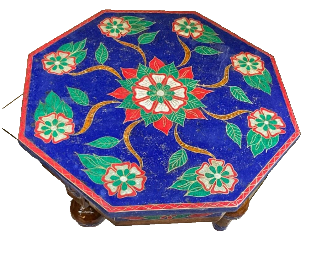 Handmade Wooden End Table Carving Wood Table Home Decor Mother of Pearl Inlay