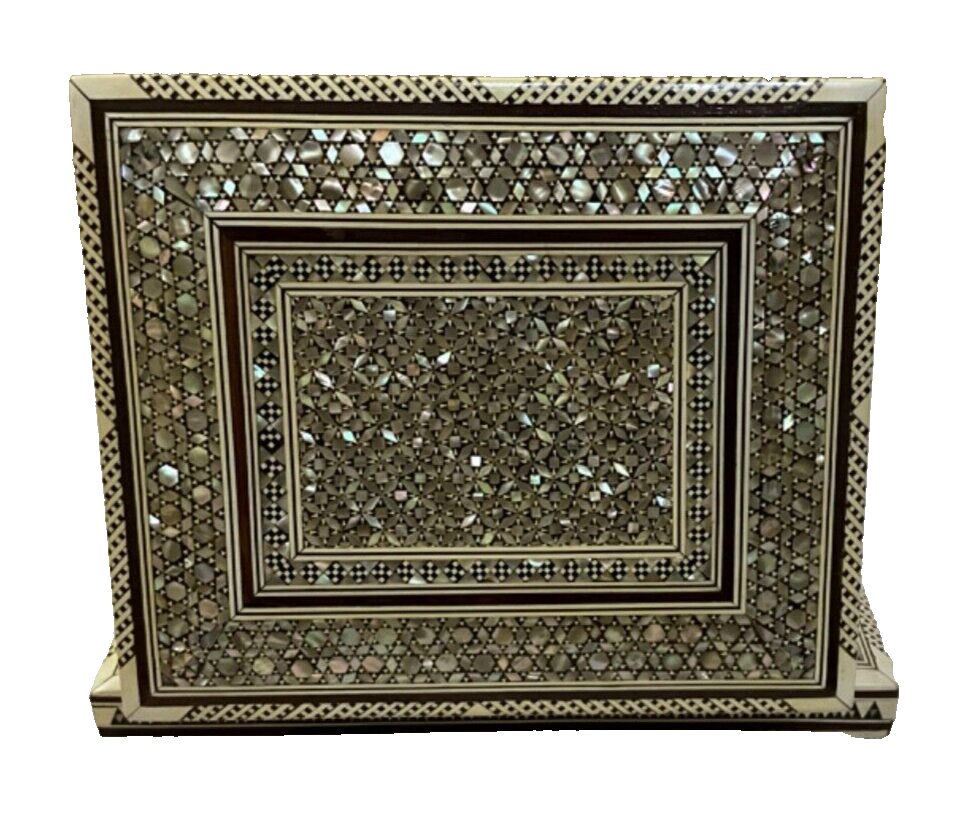 Handmade Antique Wood Cigarette Box Carved Mother Of Pearl Inlay (40 Cigarettes)