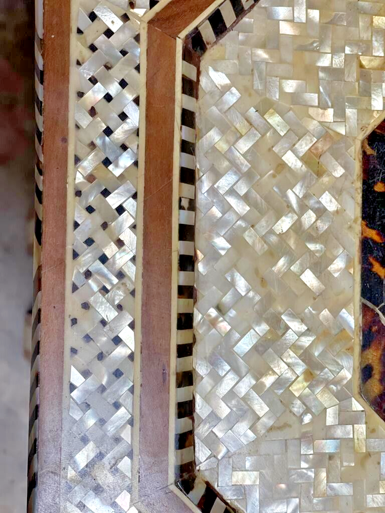 Handmade Wooden End Table Carving Wood Table Home Decor Mother of Pearl Inlay