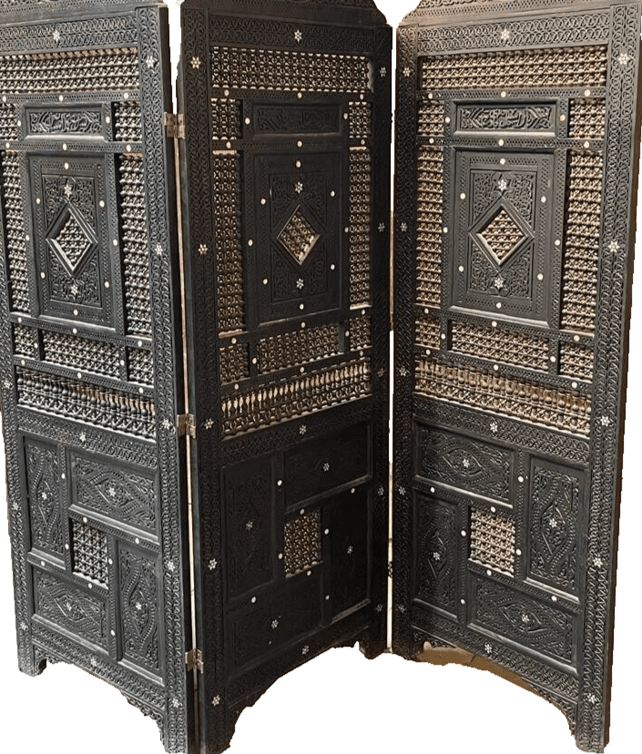 3 Panel Folding Wooden Room Divider Partition Privacy Screen Carving Wood Inlay - Laila Hand Made Gifts
