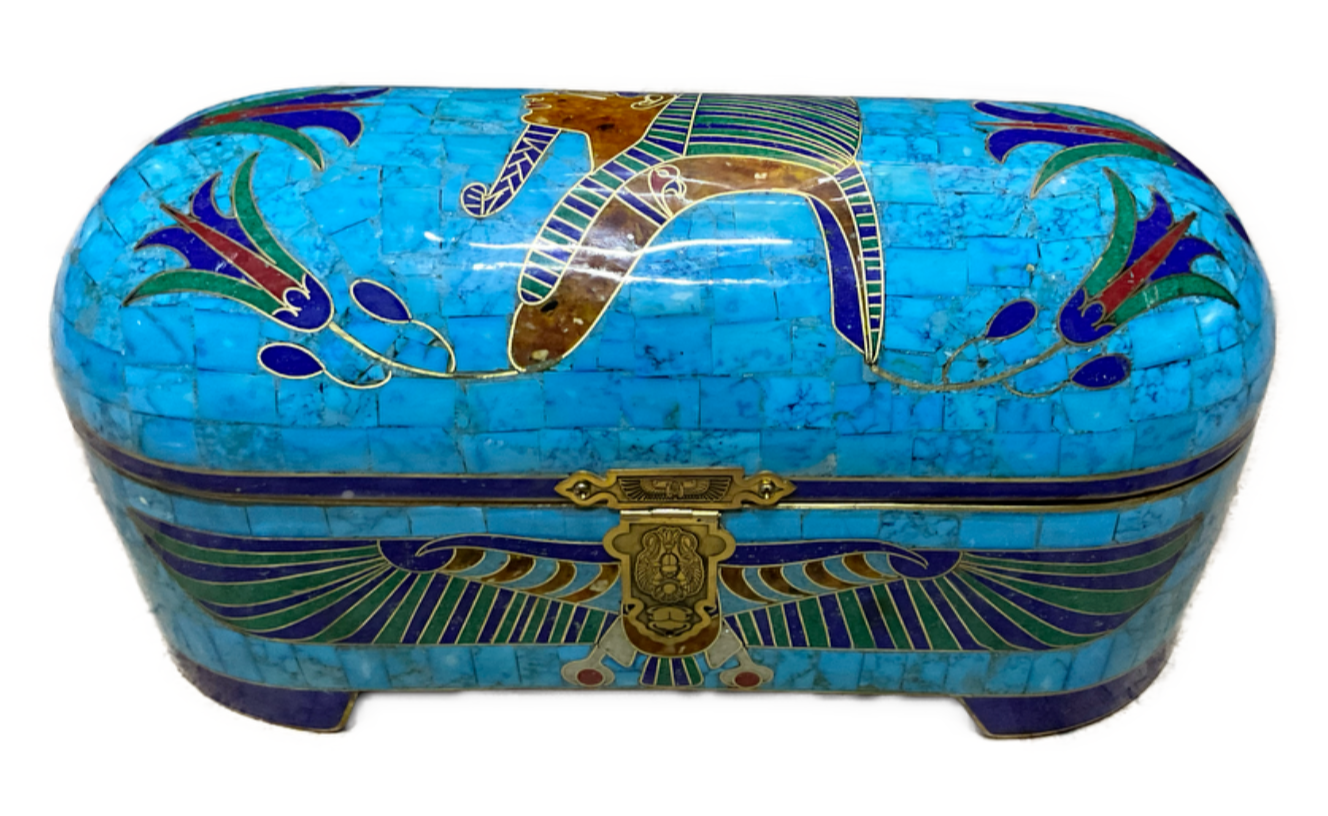 Handmade Antique Wood Jewelry Box, Gift Box, Wood Box, Inlaid Gemstones & Copper