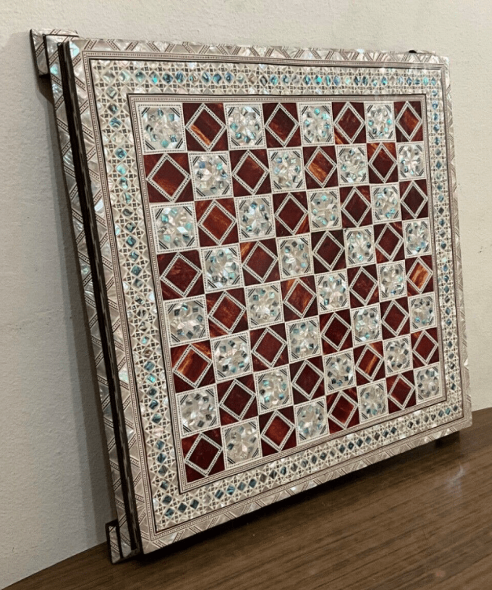 Handmade, Wood Chess Board, Game Board, Unique Board, Inlaid Mother of Pearl 17" - Laila Hand Made Gifts