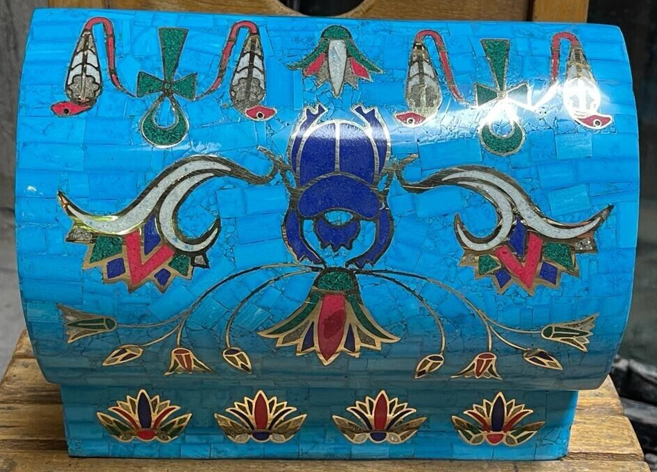 Handmade Antique Wood Jewelry Box, Gift Box, Wood Box, Inlaid Gemstones & Copper