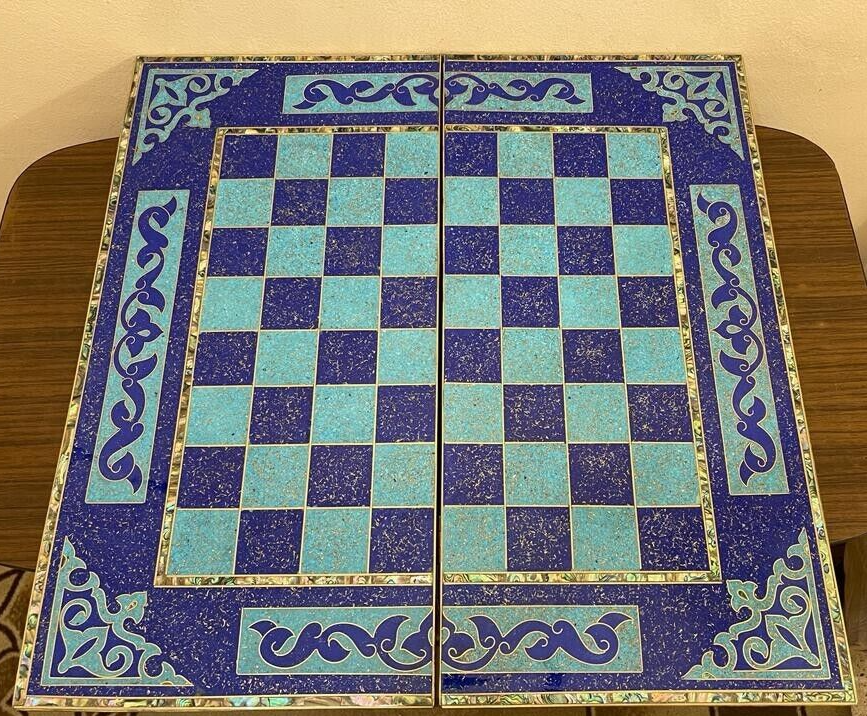 Handmade, Wooden Backgammon Board, Chess Board, Mother of Pearl, Gemstone Inlay