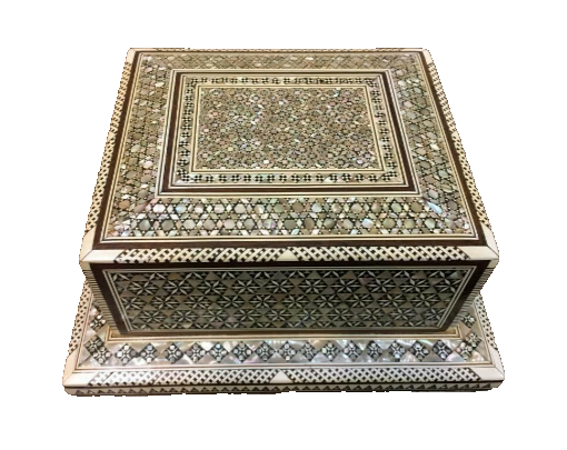 Handmade Antique Wood Cigarette Box Carved Mother Of Pearl Inlay (40 Cigarettes)