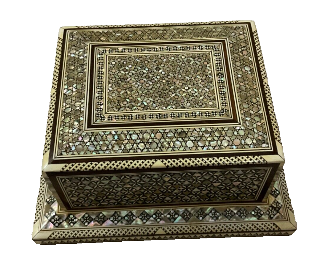 Handmade Antique Wood Cigarette Box Carved Mother Of Pearl Inlay (40 Cigarettes)