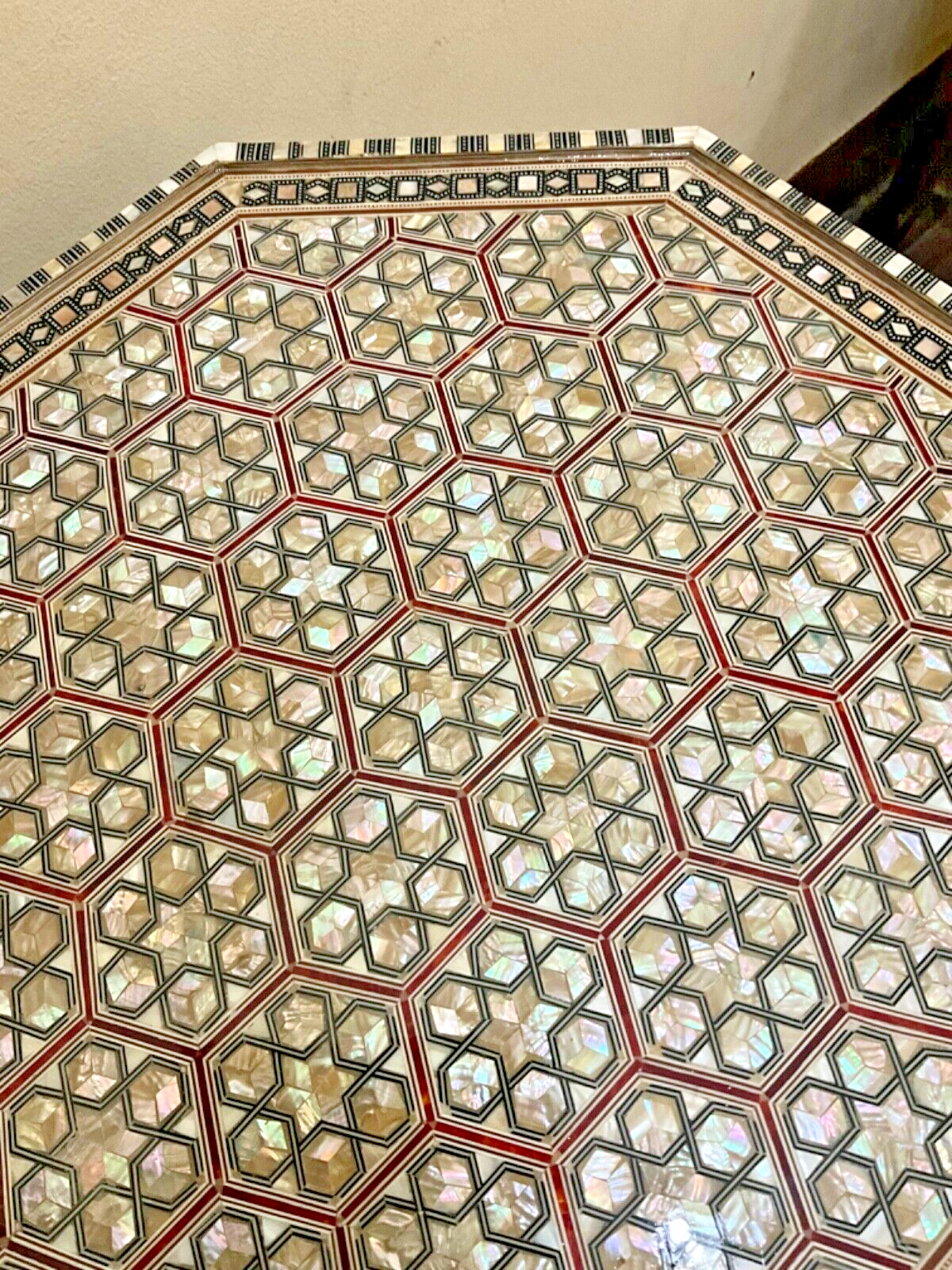 Handmade Wooden End Table Carving Wood Table Home Decor Mother of Pearl Inlay